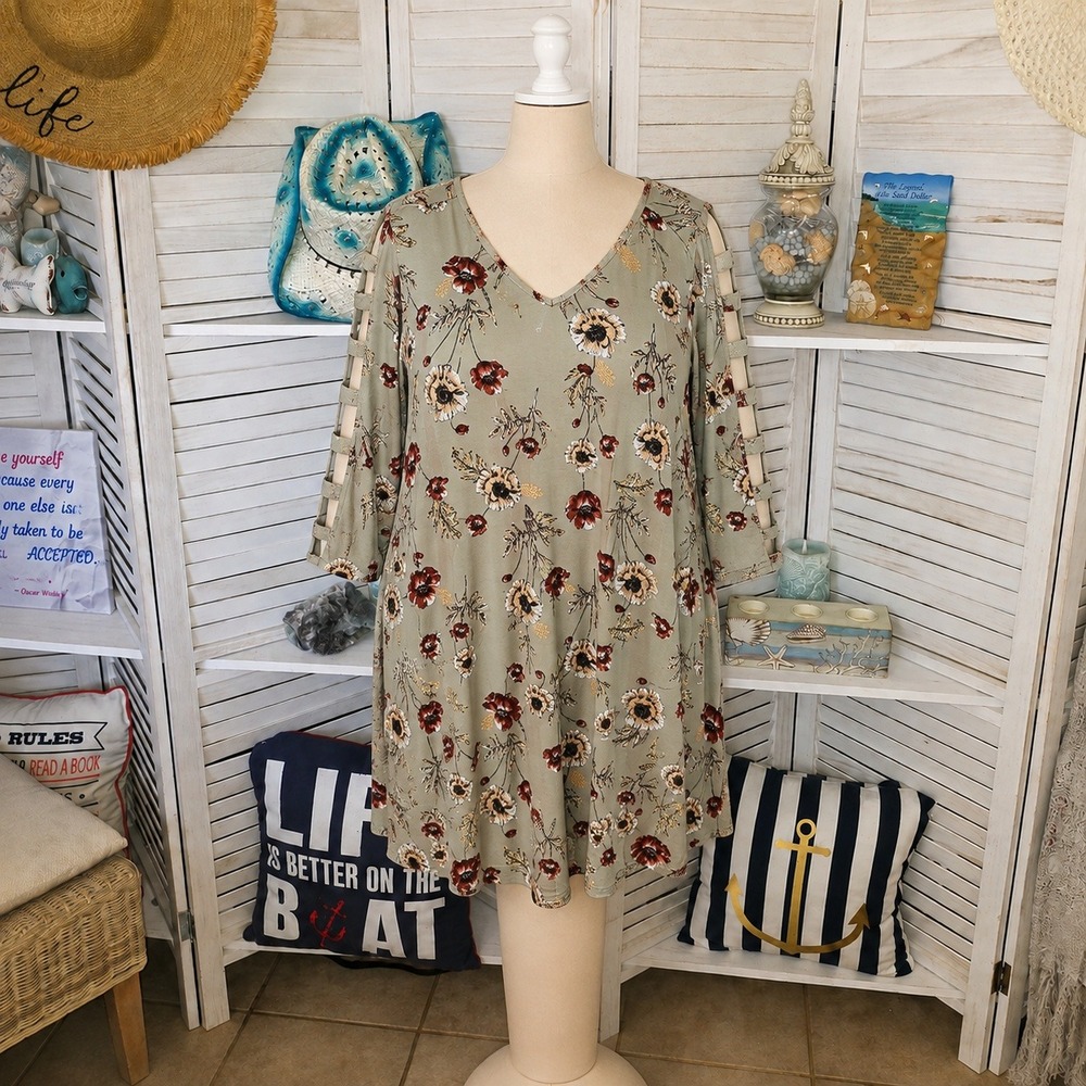 Como Vintage Olive Green Floral Midi Dress 2X Boho Strappy Sleeve Plus Size